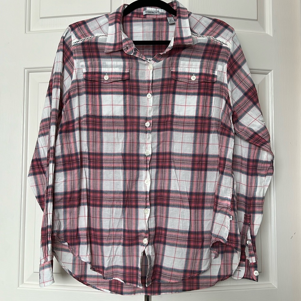 Toad and Co plaid button down top.